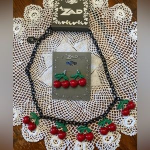 ZAD Retro CHERRIES Necklace and earring set NWT 17” long FUN AND FABULOUS